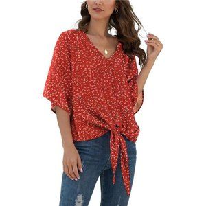 Womens Tie Front Chiffon Blouses V Neck Batwing Short Sleeve Summer Tops Shirts